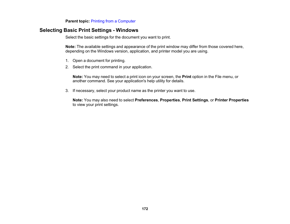 Selecting basic print settings - windows | Epson SureColor P8570DL 44" Wide-Format Dual Roll Printer with High-Capacity 1.6L Ink Pack System User Manual | Page 172 / 462