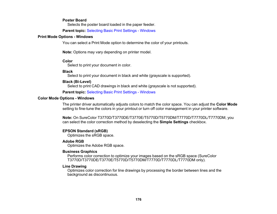 Print mode options - windows, Color mode options - windows | Epson SureColor P8570DL 44" Wide-Format Dual Roll Printer with High-Capacity 1.6L Ink Pack System User Manual | Page 176 / 462