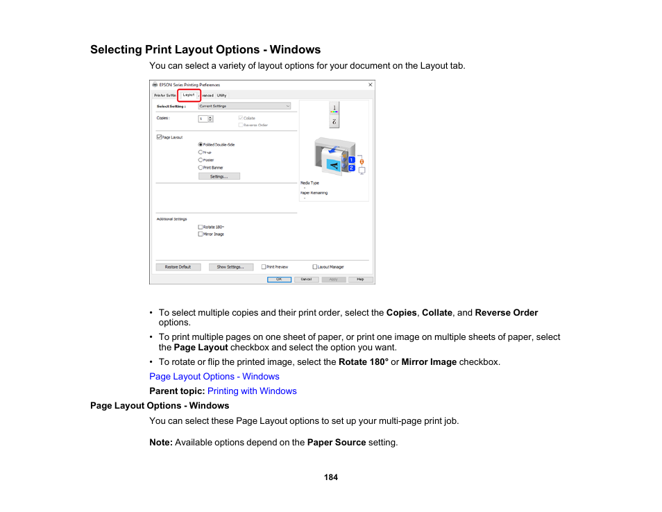 Selecting print layout options - windows | Epson SureColor P8570DL 44" Wide-Format Dual Roll Printer with High-Capacity 1.6L Ink Pack System User Manual | Page 184 / 462