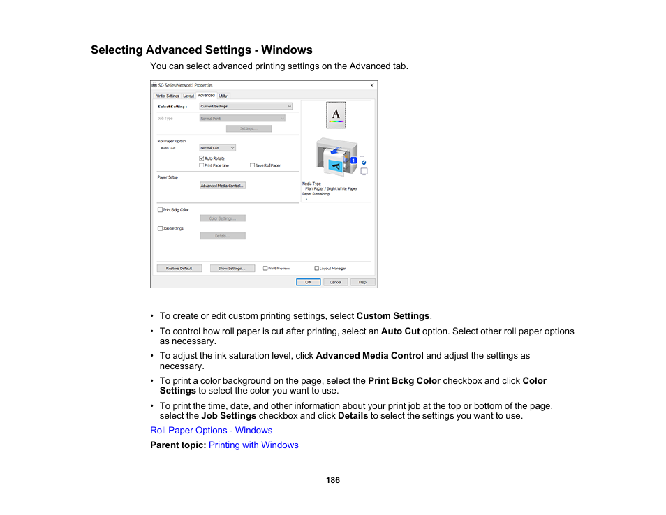 Selecting advanced settings - windows | Epson SureColor P8570DL 44" Wide-Format Dual Roll Printer with High-Capacity 1.6L Ink Pack System User Manual | Page 186 / 462