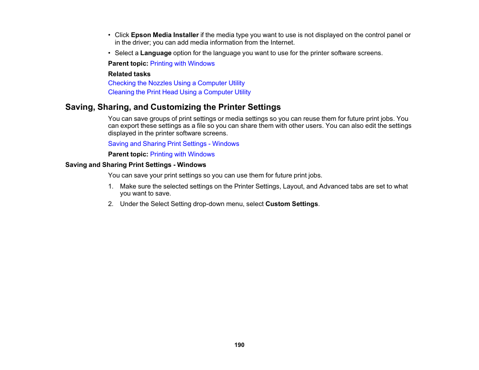 Saving and sharing print settings - windows | Epson SureColor P8570DL 44" Wide-Format Dual Roll Printer with High-Capacity 1.6L Ink Pack System User Manual | Page 190 / 462