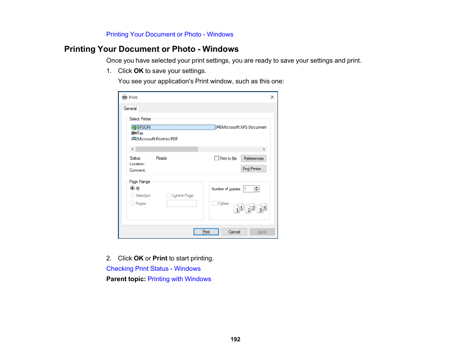 Printing your document or photo - windows | Epson SureColor P8570DL 44" Wide-Format Dual Roll Printer with High-Capacity 1.6L Ink Pack System User Manual | Page 192 / 462