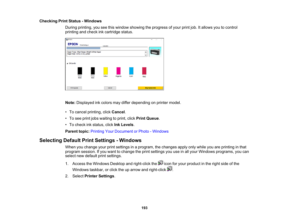 Checking print status - windows, Selecting default print settings - windows | Epson SureColor P8570DL 44" Wide-Format Dual Roll Printer with High-Capacity 1.6L Ink Pack System User Manual | Page 193 / 462
