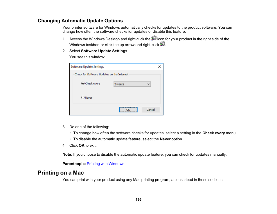 Changing automatic update options, Printing on a mac | Epson SureColor P8570DL 44" Wide-Format Dual Roll Printer with High-Capacity 1.6L Ink Pack System User Manual | Page 196 / 462