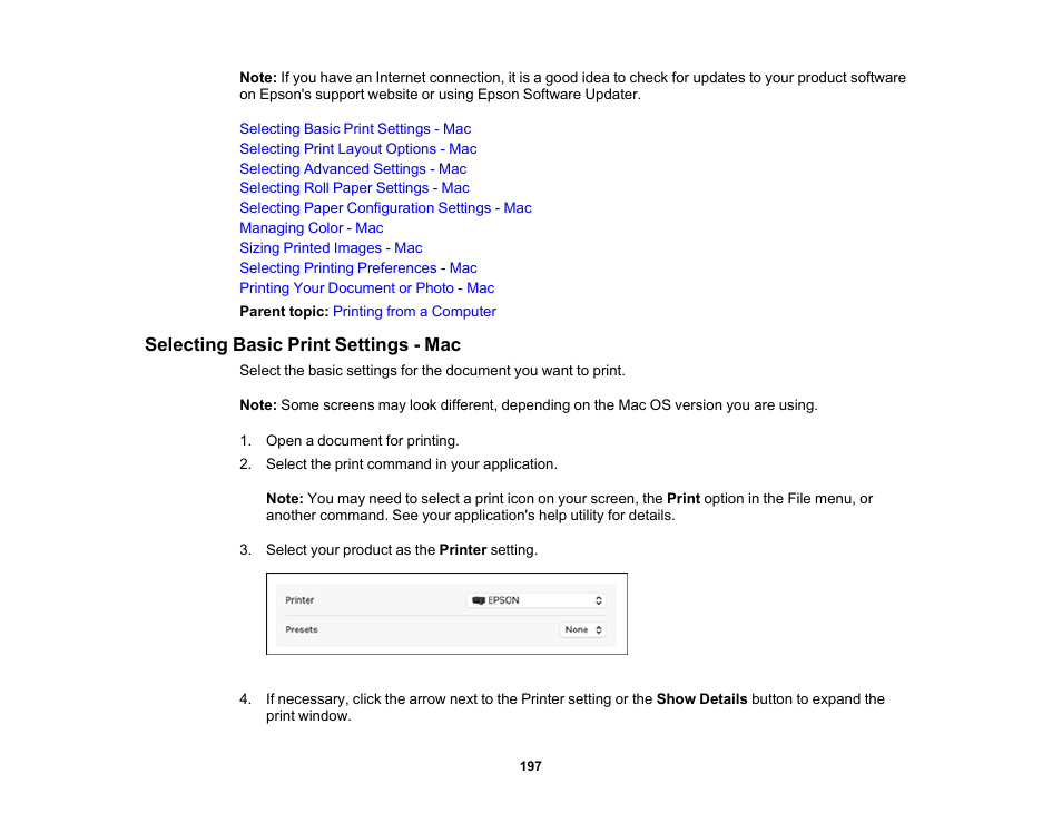 Selecting basic print settings - mac | Epson SureColor P8570DL 44" Wide-Format Dual Roll Printer with High-Capacity 1.6L Ink Pack System User Manual | Page 197 / 462