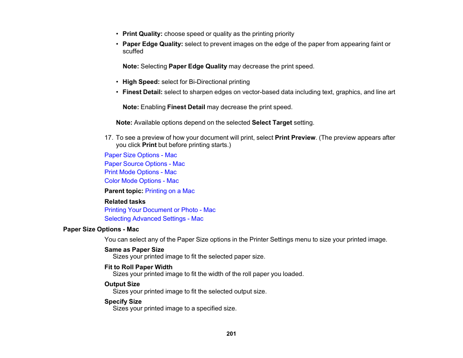 Paper size options - mac | Epson SureColor P8570DL 44" Wide-Format Dual Roll Printer with High-Capacity 1.6L Ink Pack System User Manual | Page 201 / 462