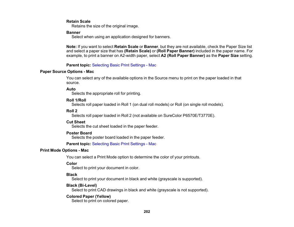 Paper source options - mac, Print mode options - mac | Epson SureColor P8570DL 44" Wide-Format Dual Roll Printer with High-Capacity 1.6L Ink Pack System User Manual | Page 202 / 462