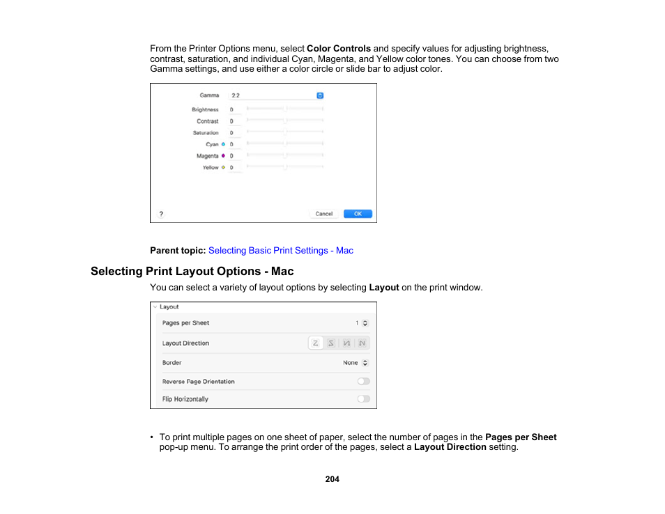 Selecting print layout options - mac | Epson SureColor P8570DL 44" Wide-Format Dual Roll Printer with High-Capacity 1.6L Ink Pack System User Manual | Page 204 / 462