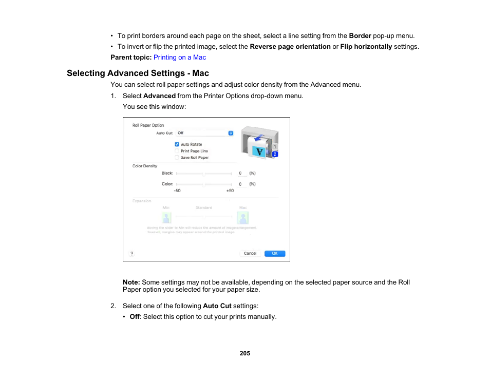 Selecting advanced settings - mac | Epson SureColor P8570DL 44" Wide-Format Dual Roll Printer with High-Capacity 1.6L Ink Pack System User Manual | Page 205 / 462