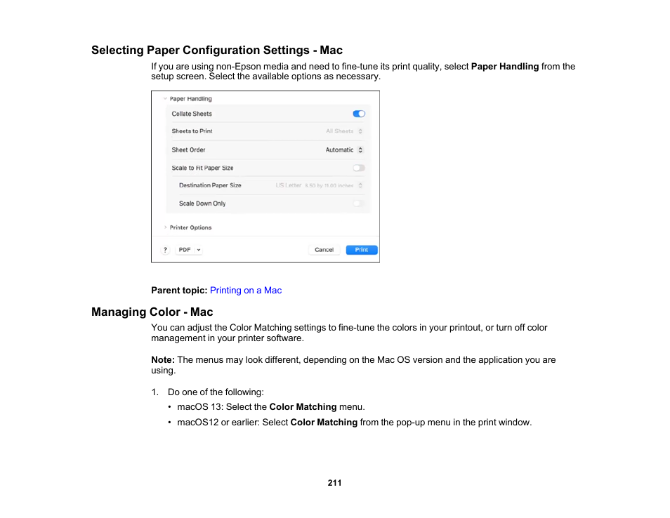 Selecting paper configuration settings - mac, Managing color - mac | Epson SureColor P8570DL 44" Wide-Format Dual Roll Printer with High-Capacity 1.6L Ink Pack System User Manual | Page 211 / 462