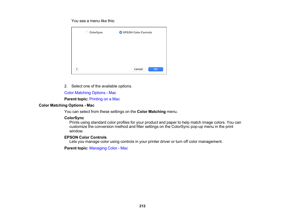 Color matching options - mac | Epson SureColor P8570DL 44" Wide-Format Dual Roll Printer with High-Capacity 1.6L Ink Pack System User Manual | Page 212 / 462