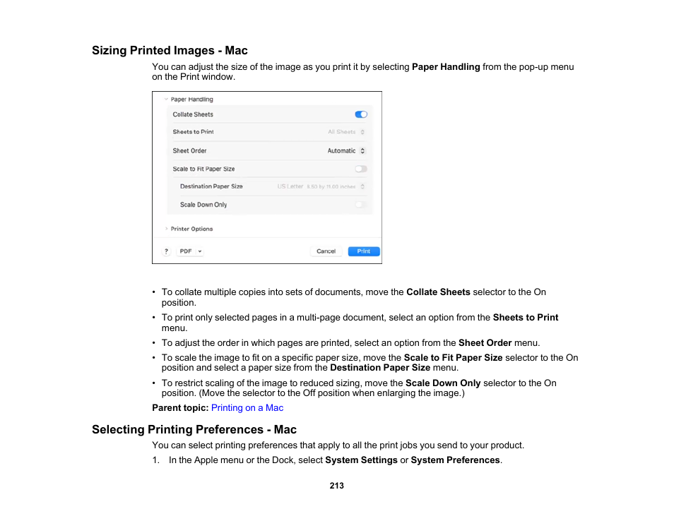 Sizing printed images - mac, Selecting printing preferences - mac | Epson SureColor P8570DL 44" Wide-Format Dual Roll Printer with High-Capacity 1.6L Ink Pack System User Manual | Page 213 / 462