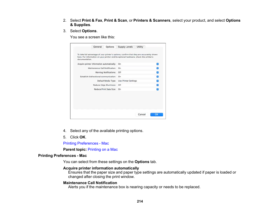 Printing preferences - mac | Epson SureColor P8570DL 44" Wide-Format Dual Roll Printer with High-Capacity 1.6L Ink Pack System User Manual | Page 214 / 462