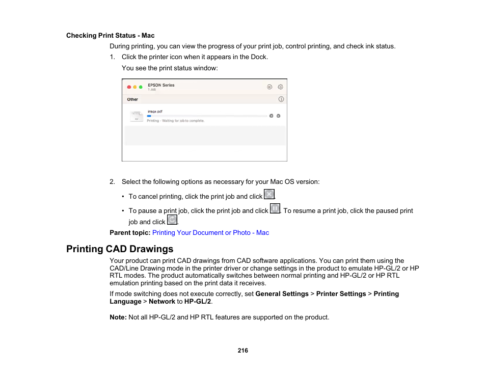 Checking print status - mac, Printing cad drawings | Epson SureColor P8570DL 44" Wide-Format Dual Roll Printer with High-Capacity 1.6L Ink Pack System User Manual | Page 216 / 462