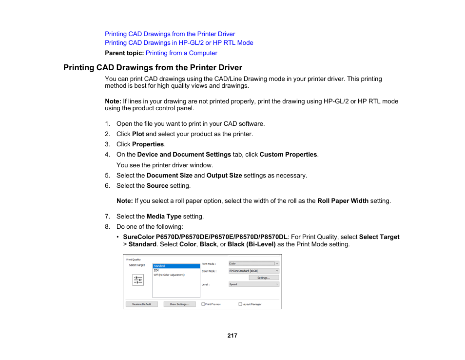 Printing cad drawings from the printer driver | Epson SureColor P8570DL 44" Wide-Format Dual Roll Printer with High-Capacity 1.6L Ink Pack System User Manual | Page 217 / 462