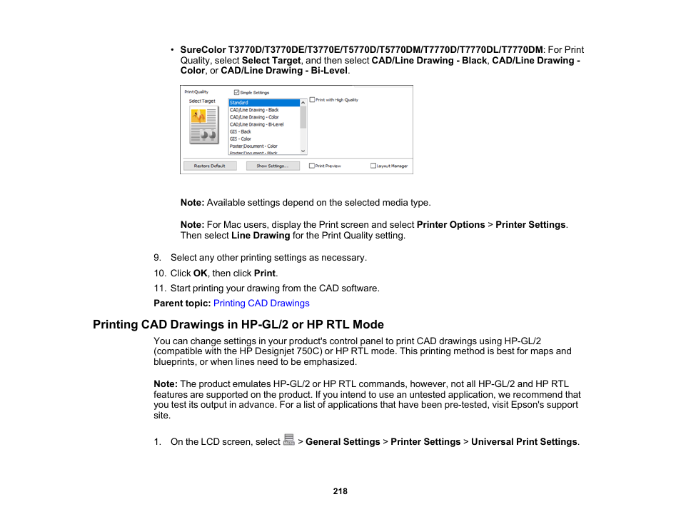 Printing cad drawings in hp-gl/2 or hp rtl mode | Epson SureColor P8570DL 44" Wide-Format Dual Roll Printer with High-Capacity 1.6L Ink Pack System User Manual | Page 218 / 462
