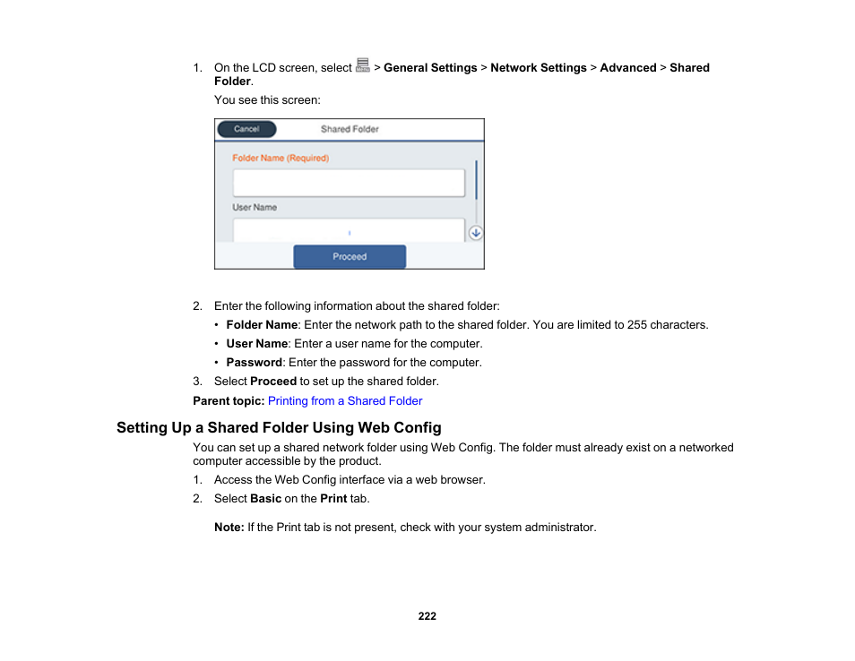 Setting up a shared folder using web config | Epson SureColor P8570DL 44" Wide-Format Dual Roll Printer with High-Capacity 1.6L Ink Pack System User Manual | Page 222 / 462