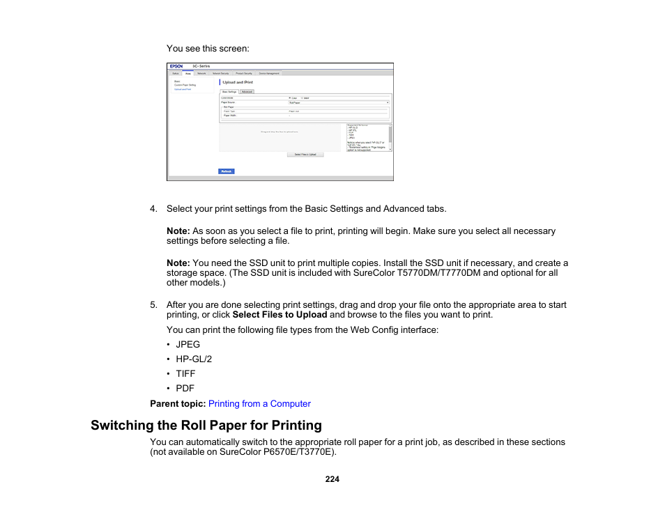 Switching the roll paper for printing | Epson SureColor P8570DL 44" Wide-Format Dual Roll Printer with High-Capacity 1.6L Ink Pack System User Manual | Page 224 / 462