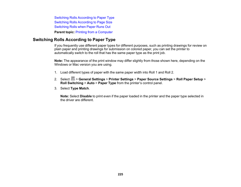 Switching rolls according to paper type | Epson SureColor P8570DL 44" Wide-Format Dual Roll Printer with High-Capacity 1.6L Ink Pack System User Manual | Page 225 / 462