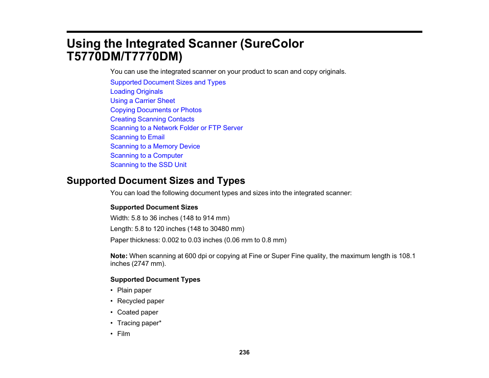 Supported document sizes and types | Epson SureColor P8570DL 44" Wide-Format Dual Roll Printer with High-Capacity 1.6L Ink Pack System User Manual | Page 236 / 462