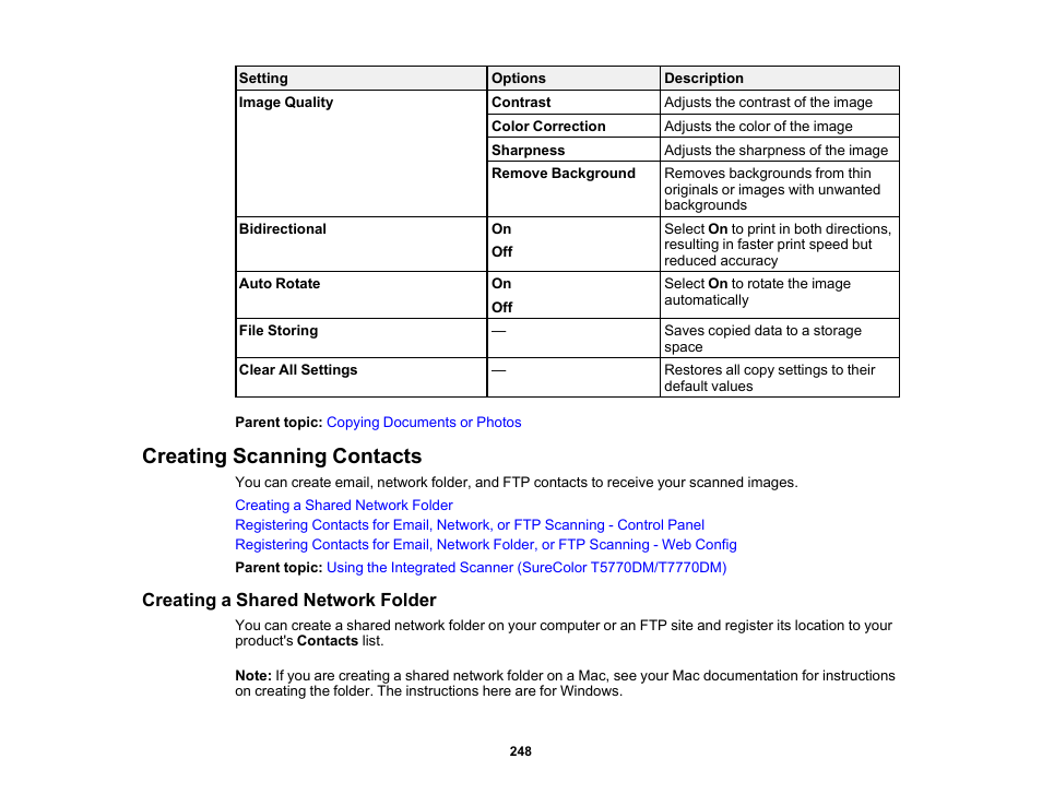 Creating scanning contacts, Creating a shared network folder | Epson SureColor P8570DL 44" Wide-Format Dual Roll Printer with High-Capacity 1.6L Ink Pack System User Manual | Page 248 / 462