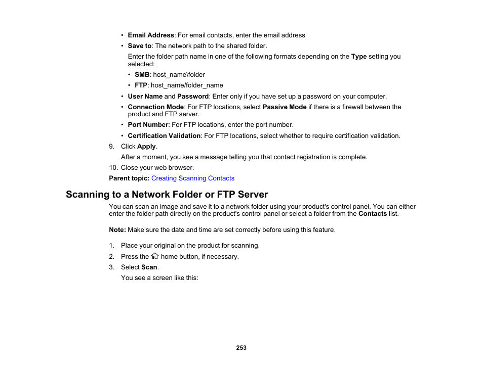 Scanning to a network folder or ftp server | Epson SureColor P8570DL 44" Wide-Format Dual Roll Printer with High-Capacity 1.6L Ink Pack System User Manual | Page 253 / 462