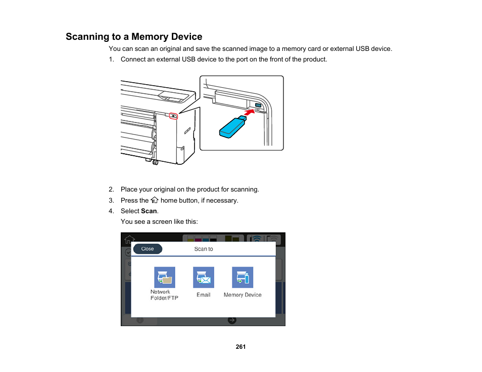 Scanning to a memory device | Epson SureColor P8570DL 44" Wide-Format Dual Roll Printer with High-Capacity 1.6L Ink Pack System User Manual | Page 261 / 462