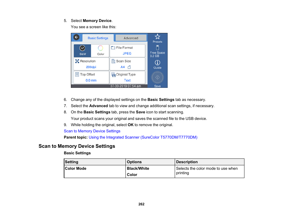 Scan to memory device settings | Epson SureColor P8570DL 44" Wide-Format Dual Roll Printer with High-Capacity 1.6L Ink Pack System User Manual | Page 262 / 462