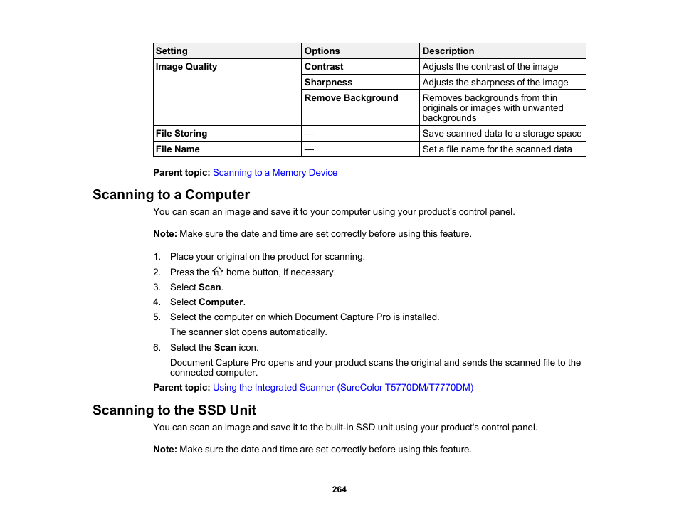 Scanning to a computer, Scanning to the ssd unit, Scanning to a computer scanning to the ssd unit | Epson SureColor P8570DL 44" Wide-Format Dual Roll Printer with High-Capacity 1.6L Ink Pack System User Manual | Page 264 / 462