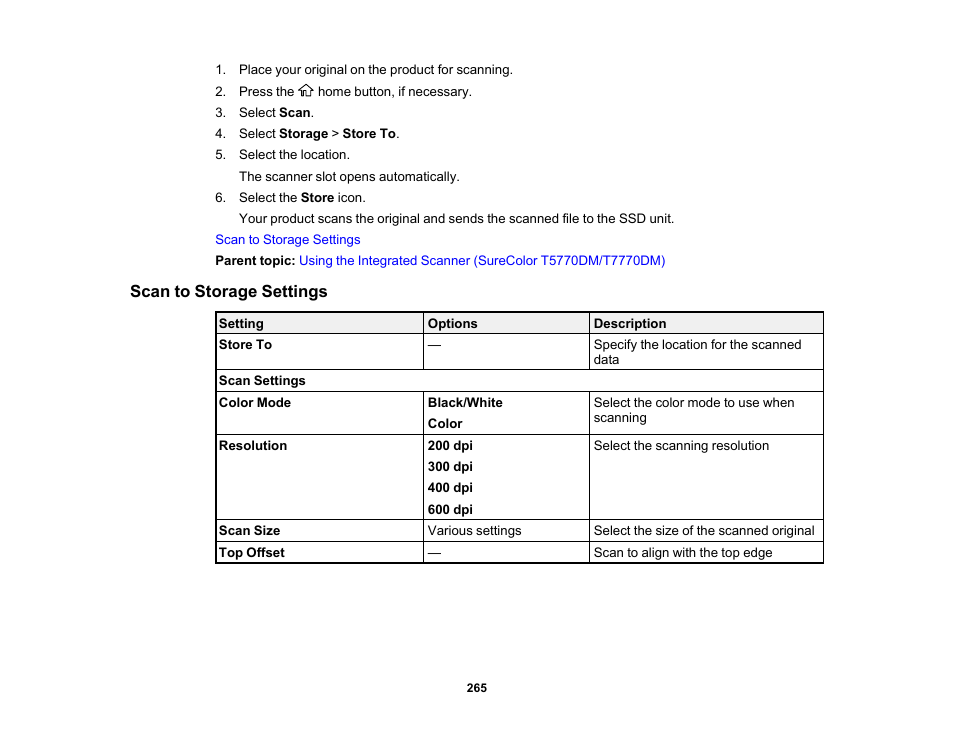 Scan to storage settings | Epson SureColor P8570DL 44" Wide-Format Dual Roll Printer with High-Capacity 1.6L Ink Pack System User Manual | Page 265 / 462