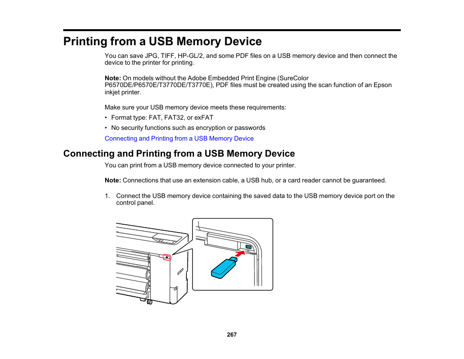 Printing from a usb memory device, Connecting and printing from a usb memory device | Epson SureColor P8570DL 44" Wide-Format Dual Roll Printer with High-Capacity 1.6L Ink Pack System User Manual | Page 267 / 462