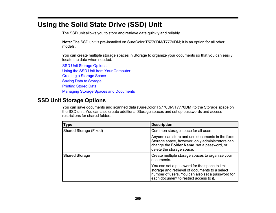 Using the solid state drive (ssd) unit, Ssd unit storage options | Epson SureColor P8570DL 44" Wide-Format Dual Roll Printer with High-Capacity 1.6L Ink Pack System User Manual | Page 269 / 462