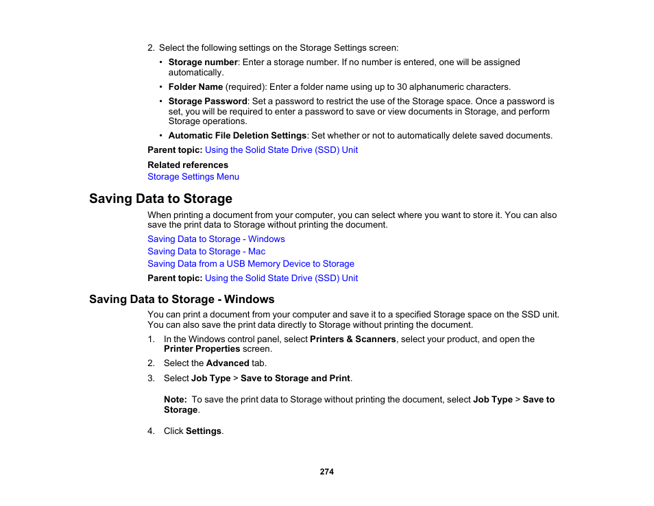 Saving data to storage, Saving data to storage - windows | Epson SureColor P8570DL 44" Wide-Format Dual Roll Printer with High-Capacity 1.6L Ink Pack System User Manual | Page 274 / 462