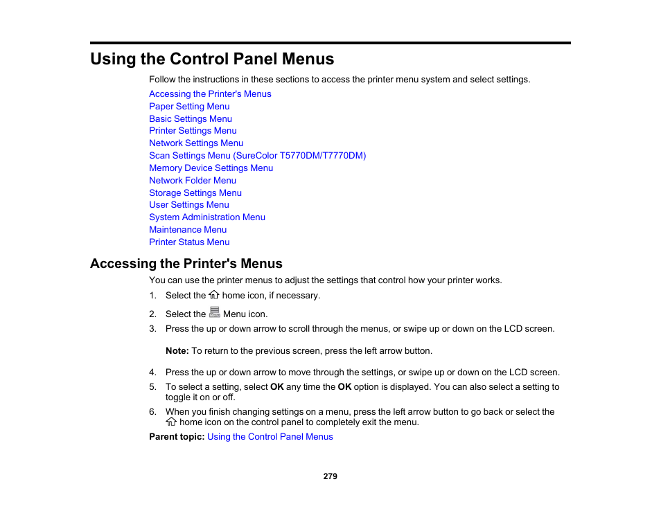 Using the control panel menus, Accessing the printer's menus | Epson SureColor P8570DL 44