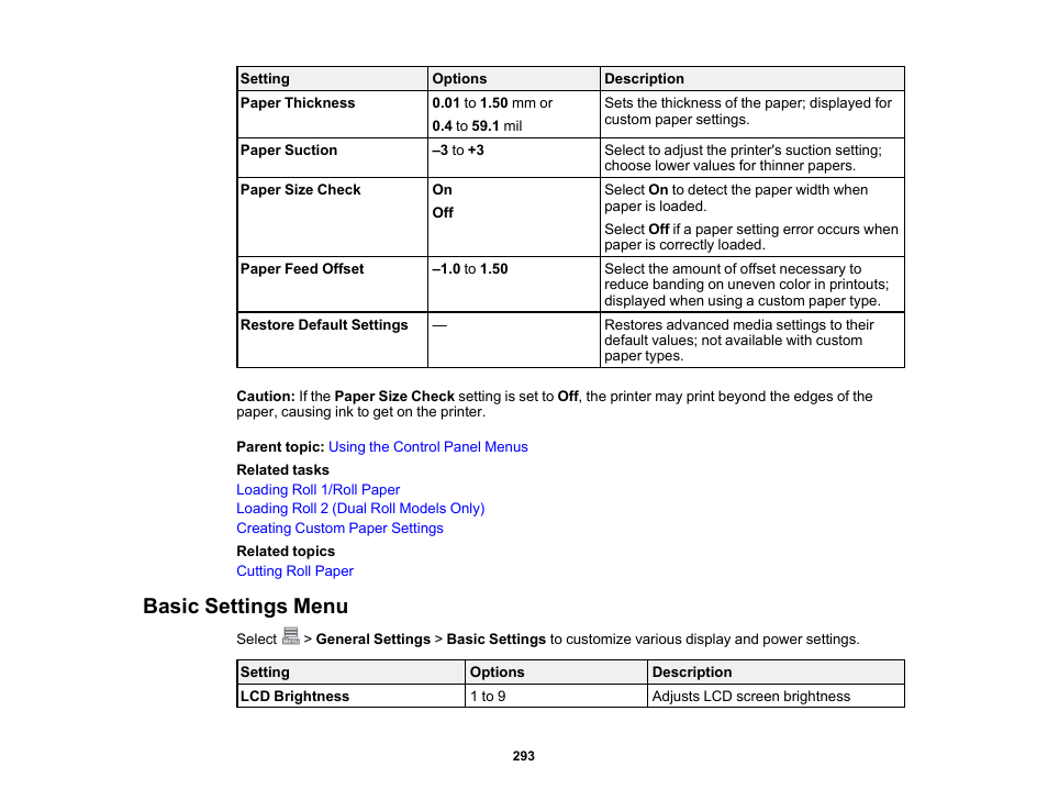 Basic settings menu | Epson SureColor P8570DL 44" Wide-Format Dual Roll Printer with High-Capacity 1.6L Ink Pack System User Manual | Page 293 / 462