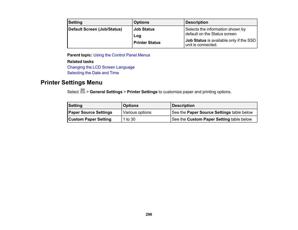 Printer settings menu | Epson SureColor P8570DL 44" Wide-Format Dual Roll Printer with High-Capacity 1.6L Ink Pack System User Manual | Page 296 / 462