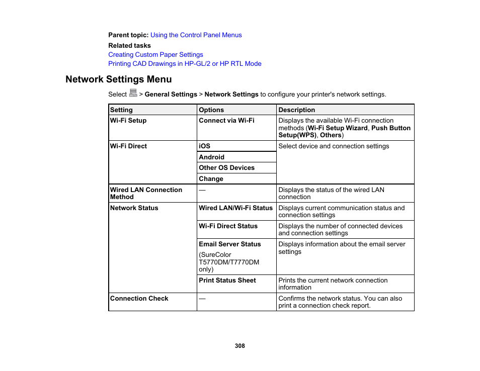 Network settings menu | Epson SureColor P8570DL 44" Wide-Format Dual Roll Printer with High-Capacity 1.6L Ink Pack System User Manual | Page 308 / 462