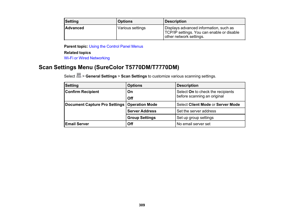 Scan settings menu (surecolor t5770dm/t7770dm) | Epson SureColor P8570DL 44" Wide-Format Dual Roll Printer with High-Capacity 1.6L Ink Pack System User Manual | Page 309 / 462
