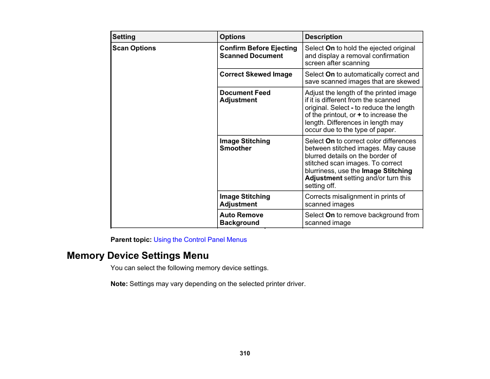 Memory device settings menu | Epson SureColor P8570DL 44" Wide-Format Dual Roll Printer with High-Capacity 1.6L Ink Pack System User Manual | Page 310 / 462