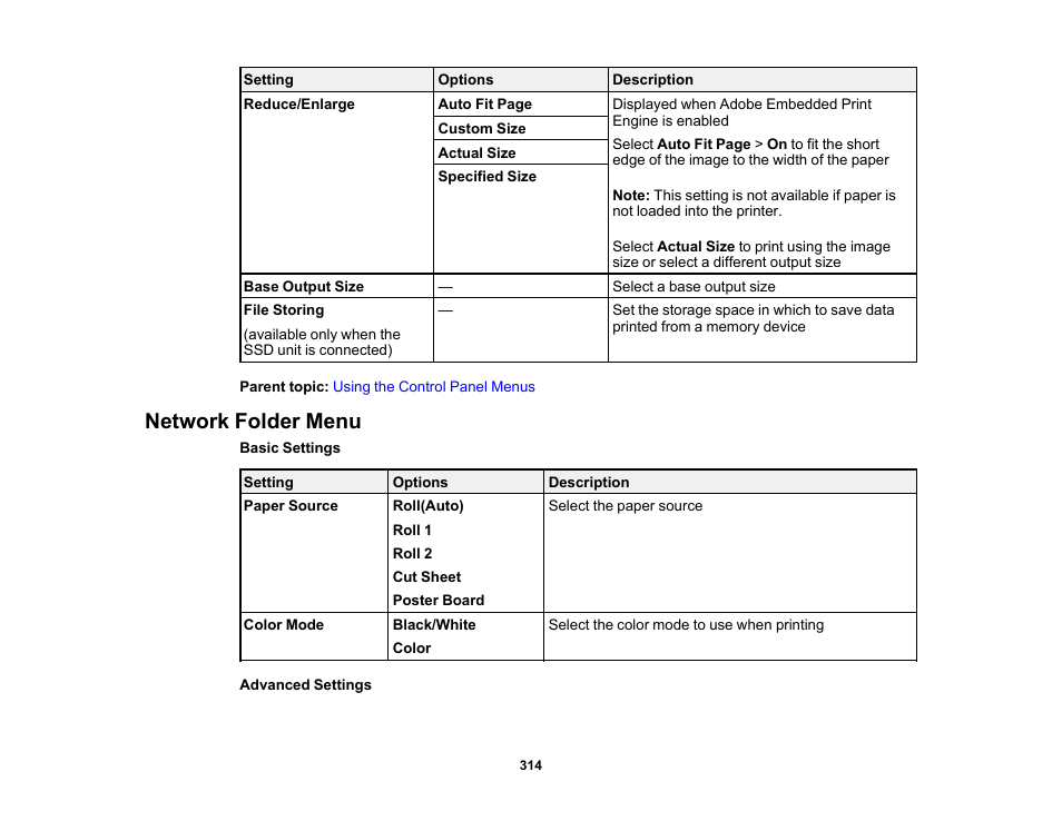 Network folder menu | Epson SureColor P8570DL 44" Wide-Format Dual Roll Printer with High-Capacity 1.6L Ink Pack System User Manual | Page 314 / 462