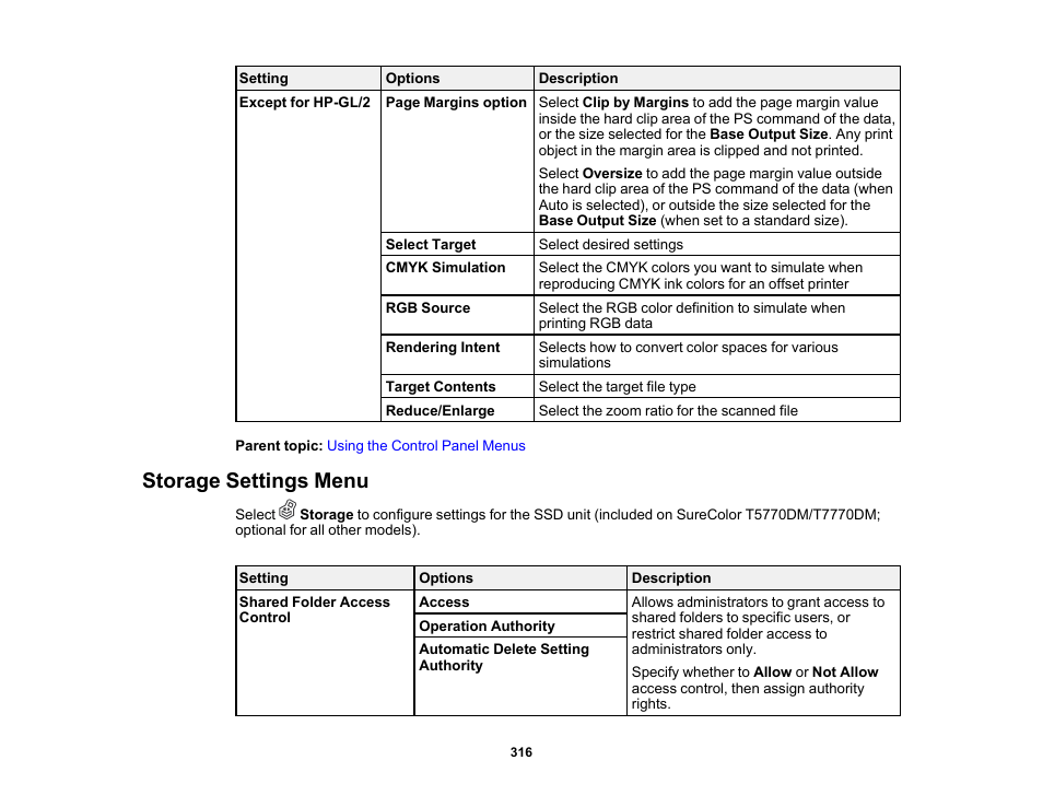 Storage settings menu | Epson SureColor P8570DL 44" Wide-Format Dual Roll Printer with High-Capacity 1.6L Ink Pack System User Manual | Page 316 / 462