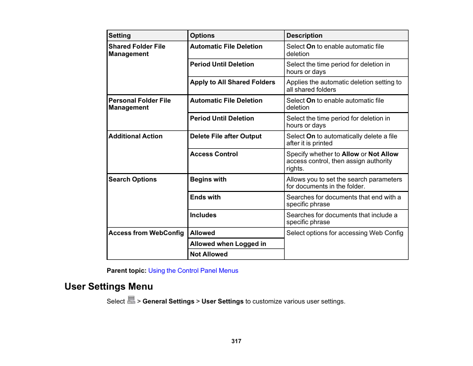 User settings menu | Epson SureColor P8570DL 44" Wide-Format Dual Roll Printer with High-Capacity 1.6L Ink Pack System User Manual | Page 317 / 462