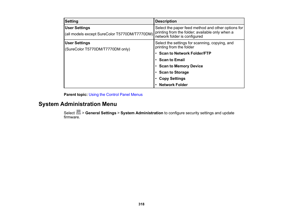 System administration menu | Epson SureColor P8570DL 44" Wide-Format Dual Roll Printer with High-Capacity 1.6L Ink Pack System User Manual | Page 318 / 462