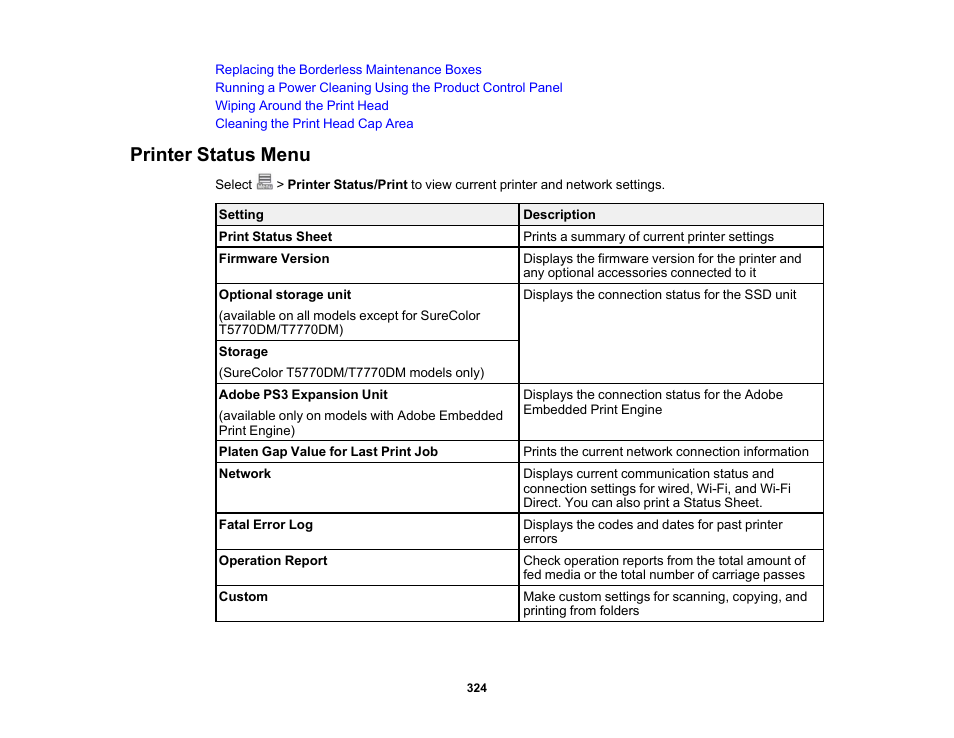 Printer status menu | Epson SureColor P8570DL 44" Wide-Format Dual Roll Printer with High-Capacity 1.6L Ink Pack System User Manual | Page 324 / 462