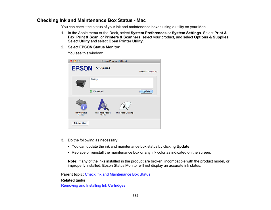 Checking ink and maintenance box status - mac | Epson SureColor P8570DL 44" Wide-Format Dual Roll Printer with High-Capacity 1.6L Ink Pack System User Manual | Page 332 / 462