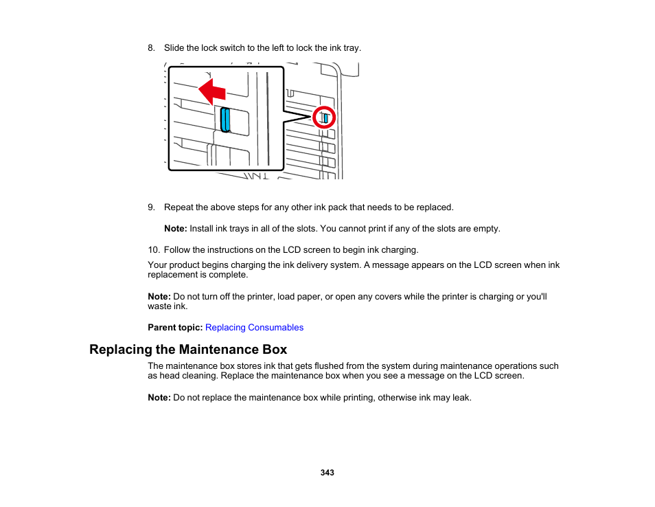 Replacing the maintenance box | Epson SureColor P8570DL 44" Wide-Format Dual Roll Printer with High-Capacity 1.6L Ink Pack System User Manual | Page 343 / 462