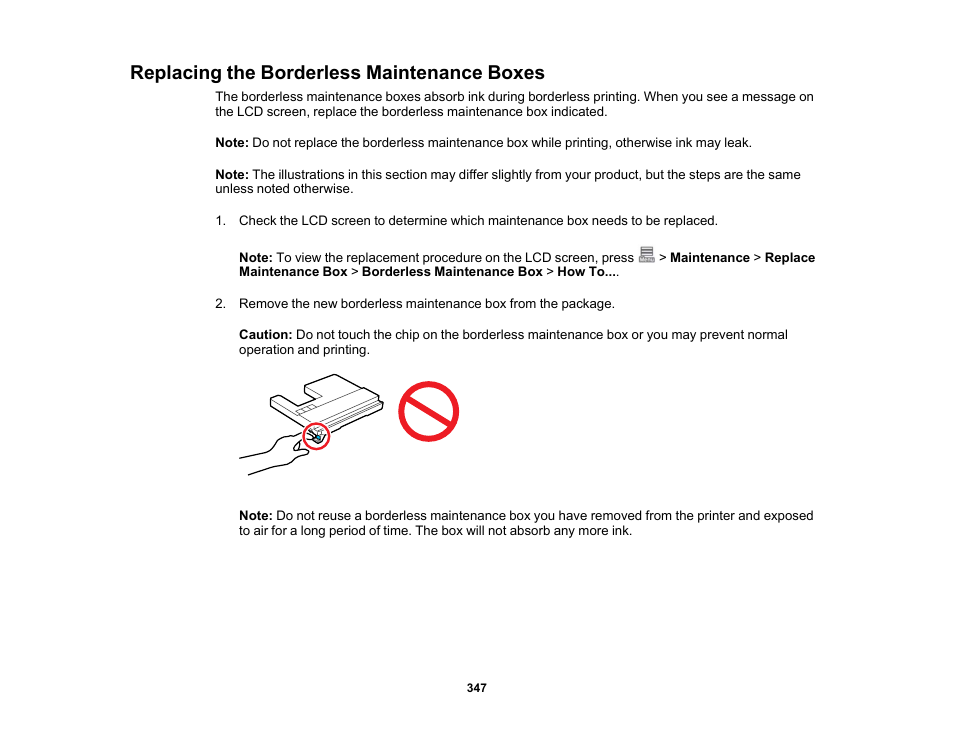 Replacing the borderless maintenance boxes | Epson SureColor P8570DL 44" Wide-Format Dual Roll Printer with High-Capacity 1.6L Ink Pack System User Manual | Page 347 / 462