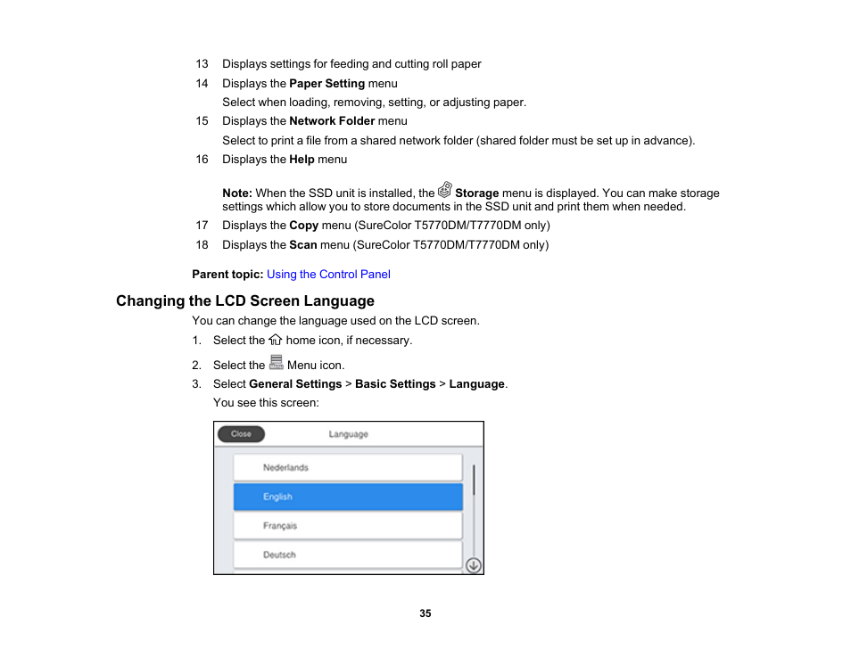 Changing the lcd screen language | Epson SureColor P8570DL 44" Wide-Format Dual Roll Printer with High-Capacity 1.6L Ink Pack System User Manual | Page 35 / 462