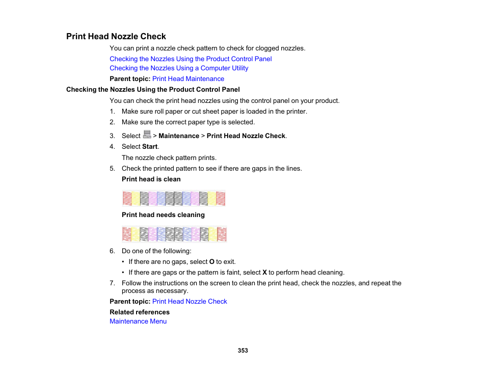 Print head nozzle check | Epson SureColor P8570DL 44" Wide-Format Dual Roll Printer with High-Capacity 1.6L Ink Pack System User Manual | Page 353 / 462