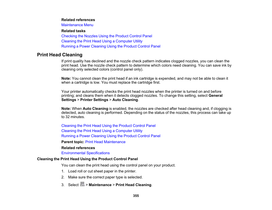 Print head cleaning | Epson SureColor P8570DL 44" Wide-Format Dual Roll Printer with High-Capacity 1.6L Ink Pack System User Manual | Page 355 / 462